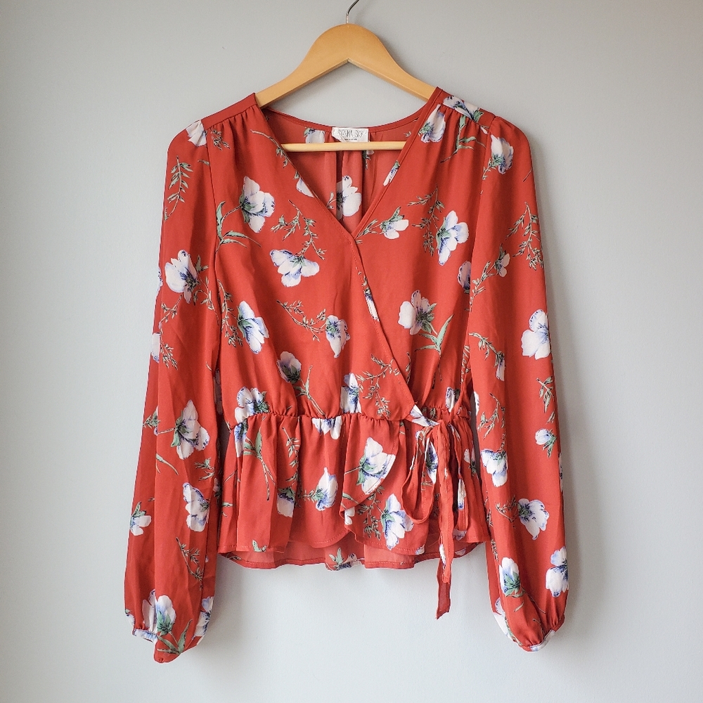 Orange Floral Long Sleeve Wrap Top